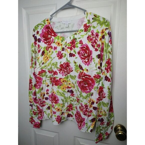 CHARTER Club White Red Flower Sequin Accent Button  round neck Cardigan Size PXL - Picture 1 of 11